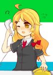  ? ahoge bad_id barcode_scanner blonde_hair contemporary hovering_kousin kirisame_marisa long_hair necktie no_hat no_headwear open_mouth solo touhou wink yellow_eyes 