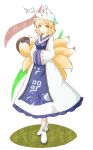  animal_ears blonde_hair breasts dress fox_ears fox_tail hands_in_sleeves hat highres multiple_tails short_hair smile solo standing tail touhou yakumo_ran yellow_eyes 