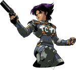  angry armor breastplate clenched_hand fingerless_gloves fist gloves green_eyes gun handgun knee_pads konoko oni_(game) purple_hair revolver short_hair shoulder_pads solo transparent_background vector_trace weapon 