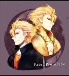  archer_(fate/prototype) armor blonde_hair casual dual_persona fate/prototype fate_(series) jewelry kusayusaai logo male multiple_boys necklace red_eyes short_hair title_drop 
