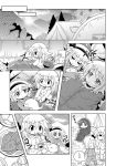  :3 =_= brushing_teeth cat closed_eyes colonel_aki comic cup eyes_closed headband highres hong_meiling izayoi_sakuya konpaku_youmu konpaku_youmu_(ghost) monochrome multiple_girls short_hair sleeping sleeping_bag sweatdrop touhou 