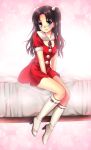  blue_eyes boots brown_hair christmas dress fate/stay_night fate_(series) hair_bobbles hair_ornament high_heels knee_boots long_hair minidress nfr santa_costume shoes smile solo tohsaka_rin toosaka_rin two_side_up 