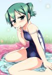  finger_to_mouth grass green_eyes green_hair hidamari_sketch nagayama_yuunon nori one-piece_swimsuit school_swimsuit solo strap_slip swimsuit twintails wading_pool water 