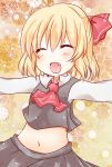  blonde_hair blush chiya eyes_closed fang hair_ribbon navel outstretched_arms ribbon rumia short_hair smile solo spread_arms the_embodiment_of_scarlet_devil touhou youkai 