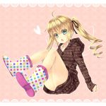  :o ahoge aqua_eyes ass blonde_hair boots child drill_hair heart hoodie kouji_(campus_life) long_hair looking_at_viewer no_pants open_mouth original polka_dot rubber_boots sitting solo sweater twintails zipper 