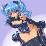  black_legwear blue_hair blush breasts busou_shinki cleavage dd_(artist) doll_joints from_above long_hair looking_at_viewer looking_up open_mouth pointy_ears red_eyes shiny shiny_skin sitting solo strarf thigh-highs thighhighs thighs twintails valona wariza 
