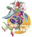  blue_eyes boots dragon_girl dragon_horns dragon_tail dragon_wings ebira green_eyes hand_puppet head_wings heterochromia horns japanese_clothes multicolored_hair new_year original puppet red_hair redhead scarf tail two-tone_hair white_hair wings 