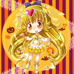  blonde_hair bloomers boots bow bubble_skirt cake circlet cosplay cure_muse cure_muse_(cosplay) cure_muse_(yellow) cure_muse_(yellow)_(cosplay) dress food hair_ribbon halloween heart higashiyama_seika hiyopuko long_hair magical_girl orange_eyes precure ribbon skirt smile solo suite_precure tray twintails yellow_dress 