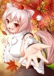  1girl animal_ears autumn_leaves breasts detached_sleeves hat inubashiri_momiji koza47322 outstretched_hand red_eyes sideboob solo tail tokin_hat touhou white_hair wolf_ears wolf_tail 
