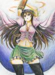  arms_up black_legwear black_wings breasts brown_hair cape colored_pencil_(medium) fire hips kitazinger long_hair midriff miniskirt navel red_eyes reiuji_utsuho skindentation skirt solo thigh-highs thighhighs touhou traditional_media wide_hips wings zettai_ryouiki 