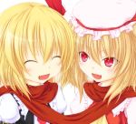  blonde_hair closed_eyes eyes_closed fang flandre_scarlet multiple_girls open_mouth reg_(artist) rumia scarf shared_scarf short_hair slit_pupils smile the_embodiment_of_scarlet_devil touhou youkai 