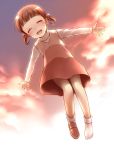  blush brown_hair child closed_eyes doujima_nanako dress eyes_closed highres open_mouth outstretched_arms persona persona_4 short_hair single_shoe smile socks solo spread_arms suzaka_shina twintails 