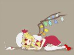  ascot bad_id blonde_hair flandre_scarlet food hat hovering_kousin lying mary_janes red_eyes shoes simple_background solo the_embodiment_of_scarlet_devil touhou wings 