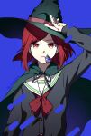  1girl absurdres bangs black_cape black_headwear black_jacket blue_background bow bowtie buttons cape commentary_request danganronpa_(series) danganronpa_v3:_killing_harmony gem hair_ornament hat highres jacket long_sleeves red_bow red_bowtie red_eyes redhead sailor_collar sanmian_(chidarakeno) short_hair solo twitter_username upper_body witch_hat yumeno_himiko 