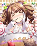  blush brown_hair bust cake candy candy_cane chocolate closed_eyes cookie crown drill_hair eating eyes_closed food fruit gloves hair_ornament hand_on_own_cheek heart holding holding_spoon icing idolmaster jelly_bean lollipop long_hair solo spoon strawberry takatsuki_yayoi tog_(shoten) white_gloves 