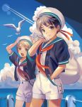  2boys aojin bird black_hair blonde_hair brown_eyes clouds hat hat_ribbon male multiple_boys open_mouth original outdoors ribbon sailor seagull shorts sky smile tears water 