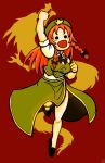  &gt;:) &gt;:d :d arm_up bow braid clenched_hands dragon fist hat hong_meiling long_hair open_mouth orange_hair raised_fist red_background ribbon shouryuuken smile solid_circle_eyes solo star terajin touhou twin_braids 