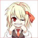  bad_id blonde_hair face grin mouth_pull portrait red_eyes rumia shamo_(koumakantv) sharp_teeth smile solo the_embodiment_of_scarlet_devil touhou white_background wink youkai 