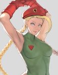  1girl armpits arms_up bad_id beret blonde_hair blue_eyes braid breasts bust cammy_white capcom closed_mouth face female fingerless_gloves gloves green_leotard grey_background hat leotard lips long_hair red_beret red_headwear simple_background sleeveless sleeveless_leotard smile solo street_fighter twin_braids upper_body yuumikouki 