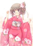  breasts brown_eyes brown_hair flower glasses hair_flower hair_ornament hirose_madoka japanese_clothes kimono looking_at_viewer obi original red-framed_glasses short_hair smile solo 