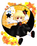  :&gt; ascot blonde_hair blue_hair bow chibi child cirno cocozasa dress dress_shirt fang hair_bow hair_ribbon highres minigirl multiple_girls open_mouth outstretched_arms red_eyes ribbon rumia shirt short_hair skirt skirt_set smile spread_arms star the_embodiment_of_scarlet_devil touhou wings youkai 