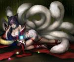  ahri animal_ears arm_support bare_shoulders blue_eyes breasts cleavage epic facial_mark fox fox_ears fox_tail large_breasts league_of_legends long_hair lying multiple_tails naturaljuice on_side orb purple_hair solo tail youshun_(naturaljuice) 