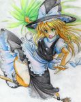  apron blonde_hair braid broom broom_surfing colored_pencil_(medium) frown green_eyes hands hat highres kirisame_marisa kitazinger long_hair looking_at_viewer magic open_mouth outstretched_hand perspective petticoat side_braid slip_skirt solo thigh-highs thighhighs touhou traditional_media waist_apron witch witch_hat yellow_eyes 