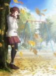  1girl amagami boots brown_hair coat highres leaf nakata_sae pantyhose playground screencap solo stitched swing tree twintails 