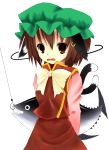  animal_ears arms_behind_back bad_id brown_eyes brown_hair cat_ears cat_tail chen fang fish hat highres multiple_tails open_mouth solo tail touhou tououtei 