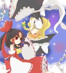 ascot black_hair blonde_hair bow closed_eyes detached_sleeves eyes_closed hair_bow hair_tubes hakurei_reimu hand_on_another&#039;s_face hand_on_another's_face hat hovering_kousin kirisame_marisa long_hair miko multiple_girls red_eyes rotational_symmetry touhou upside-down witch witch_hat 