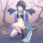 black_hair blush boots brown_hair dragon_girl dragon_tail dragon_wings flat_chest horns kneeling long_hair one_knee open_mouth original purple_eyes scarf smile solo tail tougetsu_gou tree wings 