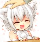  animal_ears bare_shoulders blush closed_eyes detached_sleeves eyes_closed face highres inubashiri_momiji no_hat no_headwear open_mouth petting reflection sad_fuka short_hair silver_hair simple_background smile solo touhou wolf_ears 