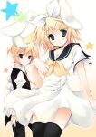  1girl animal_ears blonde_hair blush brother_and_sister bunny_ears kagamine_len kagamine_rin purinko siblings smile thigh-highs thighhighs twins vocaloid 