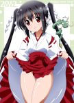  2012 bad_id black_hair brown_eyes dragon dress dress_lift eastern_dragon hakama hakama_lift highres imai_kazunari japanese_clothes k-on! long_hair miko nakano_azusa new_year no_panties solo thigh_gap twintails 