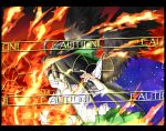  black_hair bow cape caution fire grin hair_bow letterboxed red_eyes reiuji_utsuho smile solo taker touhou wings 