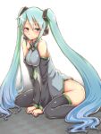  aqua_hair arm_support blush breast_squeeze breasts checkered checkered_floor detached_sleeves do do_(taka) hair_between_eyes hatsune_miku headphones headset long_hair necktie no_pants sitting smile solo thigh-highs thighhighs twintails very_long_hair vocaloid wariza 