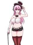  1girl bandeau bare_shoulders blush breasts cane cleavage hat headphones highres large_breasts long_hair looking_at_viewer microskirt midriff navel nitroplus open_mouth pink_hair red_eyes skirt smile solo super_sonico thigh-highs top_hat tubetop wrist_cuffs 