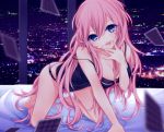  1girl :p all_fours blackjack_(vocaloid) blue_eyes breasts card cityscape cleavage lingerie long_hair megurine_luka night panties pink_hair shiro_mayu smile solo tongue underwear vocaloid 