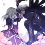  1girl black_hair blonde_hair blood bolero closed_eyes coat creature cropped_jacket dress elise_lutus eyes_closed flower frills hand_on_another&#039;s_face hand_on_another's_face injury kagio_(muinyakurumi) pants short_hair sword tales_of_(series) tales_of_xillia tipo_(xillia) weapon wingar yellow_eyes 
