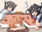 :d animal_ears artist_request black_hair cat_ears cup fang food fruit kotatsu mug open_mouth orange orange_hair ponytail school_uniform short_hair sleeping smile table tail 