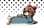  alternate_costume blonde_hair blue_dress bow brown_eyes brown_hair chibi cup dress hair_bow hair_tubes hakurei_reimu horns ibuki_suika kotatsu kuri-magu_kuroguro lying multiple_girls pillow sitting sleeping table teacup teapot touhou z 