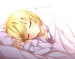  alternate_costume blanket blonde_hair breasts cleavage closed_eyes eyes_closed kazetto lunasa_prismriver lying no_hat no_headwear on_side parted_lips pillow shirt short_hair sleeping solo touhou under_covers 