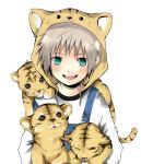  animal_hat bad_id blush cat copyright_request green_eyes gumichoco hat kitten male short_hair simple_background solo tiger tiger_hat 