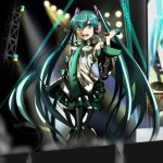  aqua_eyes aqua_hair detached_sleeves fushichou hatsune_miku long_hair microphone open_mouth skirt smile solo stage thigh-highs thighhighs twintails very_long_hair vocaloid 