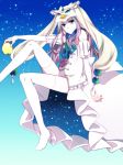  alternate_color animal_hat apple aqua_background blue_background blue_eyes brown_hair food fruit gradient gradient_background hat holding holding_apple holding_fruit long_hair long_legs mawaru_penguindrum princess_of_the_crystal solo suzushiro takakura_himari thigh-highs thighhighs white white_legwear 