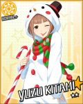  brown_hair candy_cane character_name costume idolmaster idolmaster_cinderella_girls kitami_yuzu official_art scarf snowman solo star sun_(symbol) tongue tongue_out 