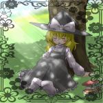  against_tree blush book closed_eyes eyes_closed hat kirisame_marisa long_hair sleeping solo taker touhou tree witch witch_hat 