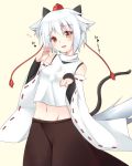  animal_ears bare_shoulders bridal_gauntlets cat_ears cat_tail detached_sleeves extra_ears fang inubashiri_momiji mound_of_venus multiple_tails paw_pose ryoulove15 short_hair silver_hair solo tail touhou wolf_ears wolf_tail 
