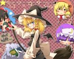  &gt;_&lt; :&lt; alice_margatroid blue_eyes blush book broom checkered checkered_background doll grin hakurei_reimu hat kirisame_marisa multiple_girls patchouli_knowledge pointing purple_eyes red_eyes red_ribbon ribbon shanghai_doll smile taker tears touhou violet_eyes wings witch witch_hat 