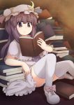  book bow crescent dress hat highres holding holding_book long_hair mesou-san open_book open_mouth panties patchouli_knowledge purple_eyes purple_hair ribbon sitting solo thigh-highs thighhighs touhou underwear violet_eyes white_legwear white_panties 